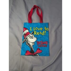 Dr Suess "I Love To Read" Library Book Canvas Blue Bag Cat In The Hat 11.5"x9.5"